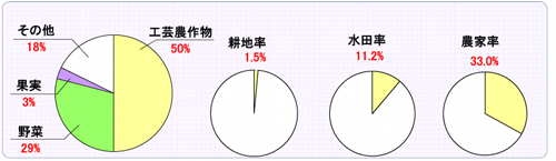 【グラフ】仁淀川町の農業産出額の内訳・耕地率・水田率・農家率