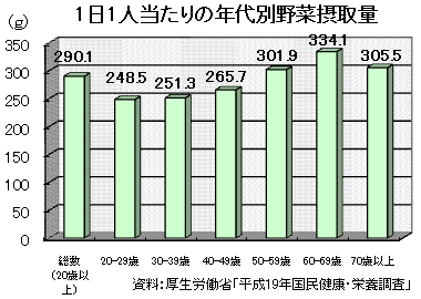 1日1人当たりの年代別野菜摂取量