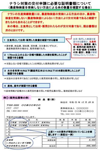 交付申請に必要な証明書類について(農産物検査によらない方法により米の数量を確認する場合)(チラシ)