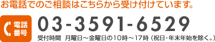 お電話でのご相談はこちらから受け付けています。電話番号：03-3591-6529 受付時間：月曜日～金曜日の10時～17時（祝日・年末年始を除く。）