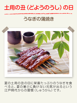 土用の丑(どようのうし)の日 うなぎの蒲焼き:夏の土用の丑の日に栄養たっぷりのうなぎを食べると、夏の暑さに負けない元気が出るという江戸時代からの習慣です。