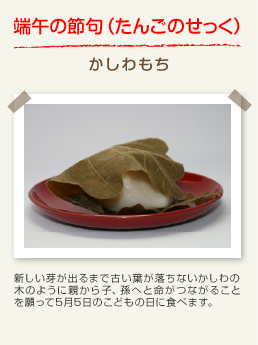 端午の節句(たんごのせっく) かしわもち:新しい芽が出るまで古い葉が落ちないかしわの木のように親から子、孫へと命がつながることを願って5月5日のこどもの日に食べます。