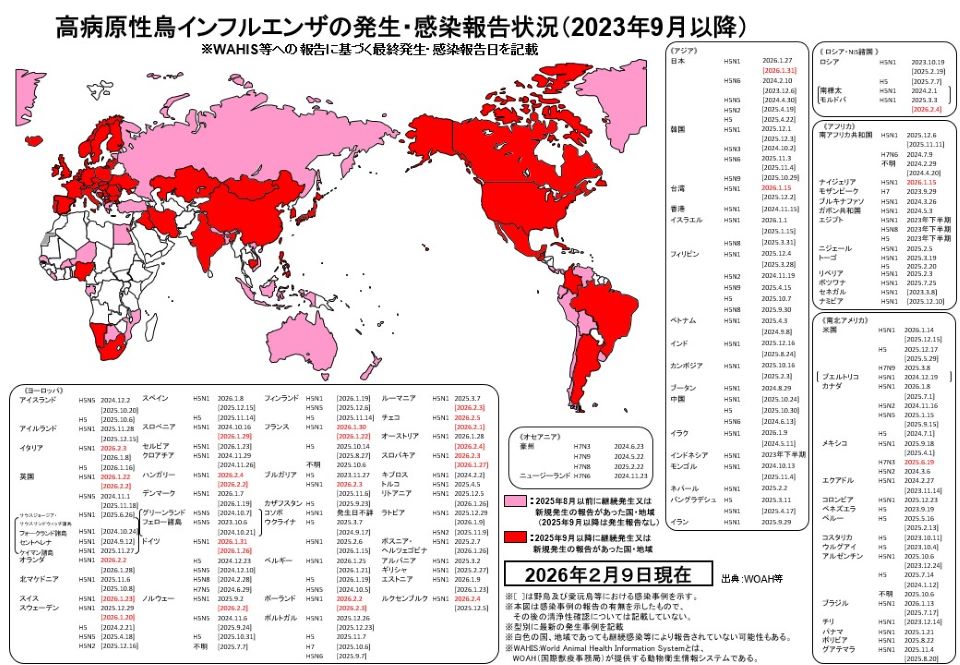 高病原性鳥インフルエンザの発生・感染報告状況(2026年2月9日現在)