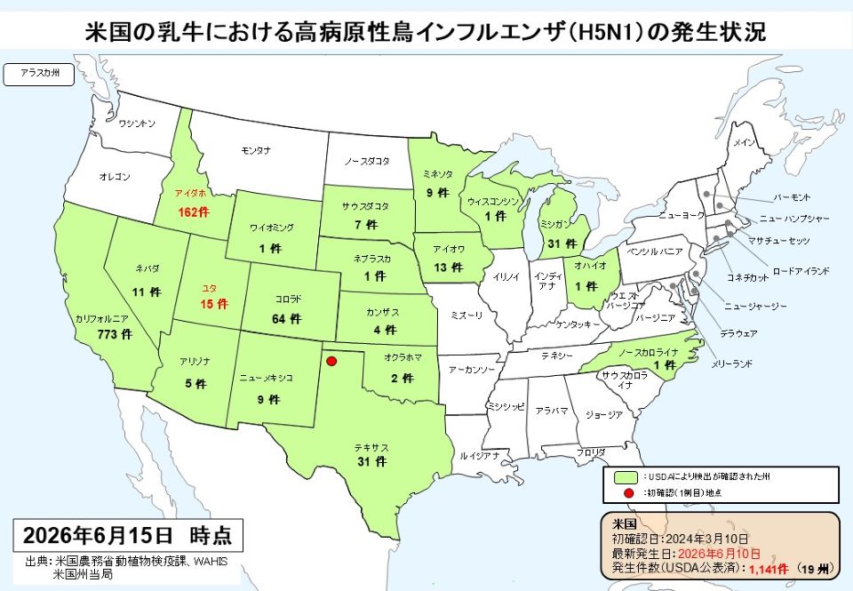 米国における乳牛の高病原性鳥インフルエンザH5N1の州別発生件数を示す地図