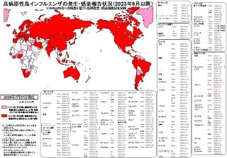 2026年7月27日現在における高病原性鳥インフルエンザの世界発生・感染報告状況を示した世界地図(2023年9月以降、WOAH等報告に基づく)