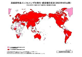 高病原性鳥インフルエンザの世界発生・感染報告状況を示した世界地図(2023年9月以降、2026年7月27日現在)
