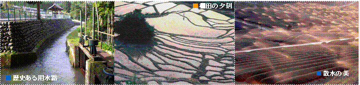 歴史ある用水路、棚田の夕刻、散水の美