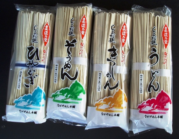 （右から）美濃乃里うどん、きしめん、そうめん、ひやむぎ
