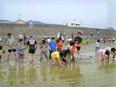 高知ファイティングドッグスの選手と田植えをする子供達