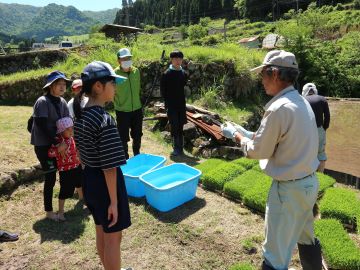 水田を管理する奈羅尾氏から手植えのコツを聞く参加者