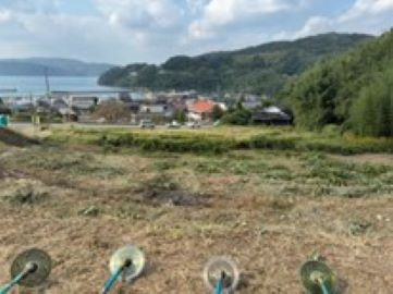 すっきりした棚田を前に油谷湾を望む