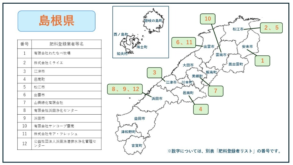 汚泥肥料登録者MAP（島根県）