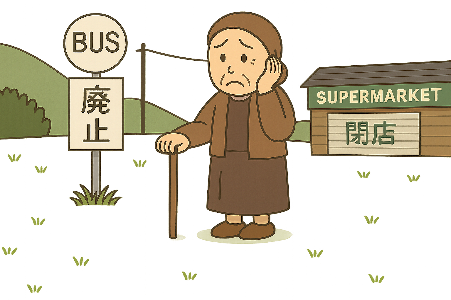 廃業した店舗と困っているおばあさん