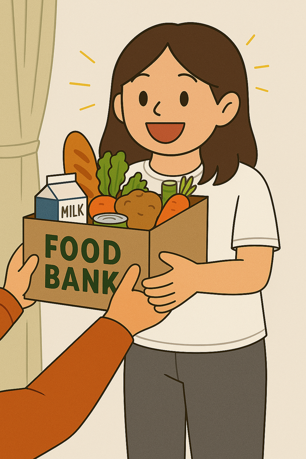 フードバンクから食支援を受けて喜ぶ女性