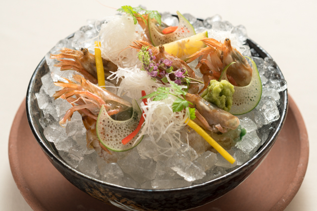 Mosaebi no sashimi (Thinly sliced raw fish of Mosa shrimp)