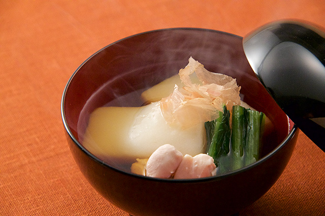 Zoni (Japanese Soup Containing Rice Cakes and Japanese Mustard Spinach)