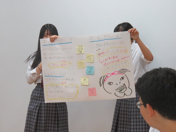 議論で出たアイデアをまとめ、発表する生徒２