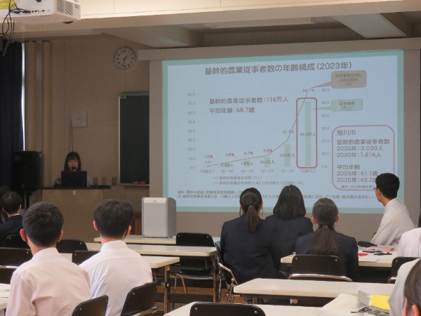 我が国の農林水産業の現状に関する説明を真剣に聞く生徒の様子