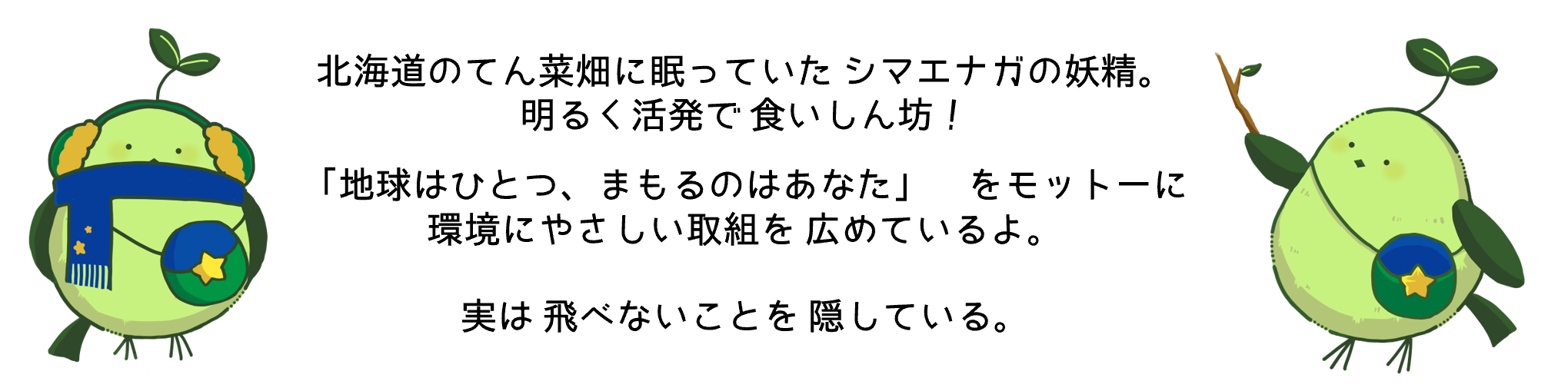 北海道のてん菜畑に眠っていた シマエナガの妖精。明るく活発で 食いしん坊！「地球はひとつ、まもるのはあなた」をモットーに環境にやさしい取組を 広めているよ。実は飛べないことを 隠している。