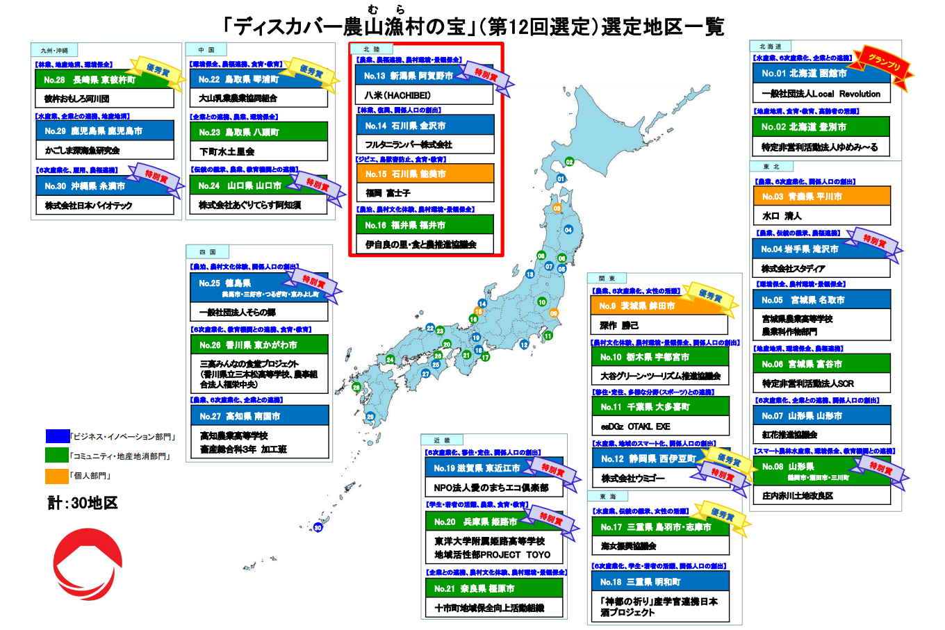 「ディスカバー農山漁村(むら)の宝」(第12回選定)全国選定地区