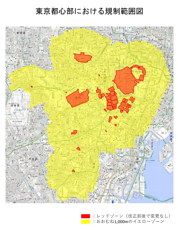 東京都心部の地図上に、2種類の規制ゾーンを色分けで示した規制範囲図。凡例によると、赤色(レッドゾーン)は改正前後で変更なしの規制区域、黄色(イエローゾーン)はおおむね1,000m圏内の区域を示す。レッドゾーンは千代田区中心部(皇居周辺を含む大規模エリアと複数の中小エリア)および港区の一部に点在。イエローゾーンはレッドゾーンを包含する形で、新宿区・渋谷区・港区・千代田区・中央区にまたがる広域エリアを覆っている。地図の左側には新宿区・渋谷区、右下方向に港区・中央区が位置する。