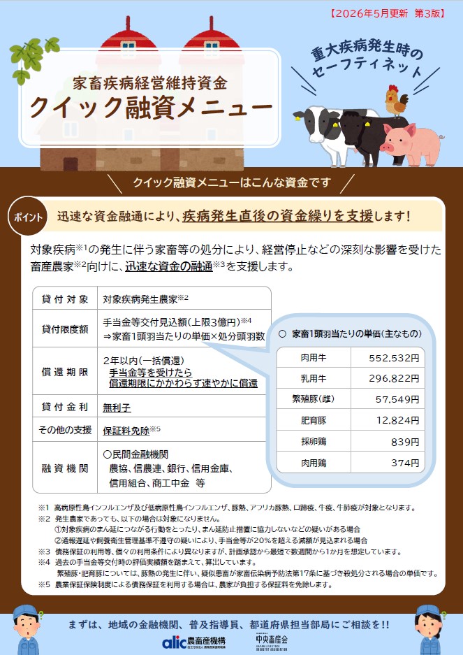 家畜疾病経営維持資金 クイック融資メニューの制度概要チラシ。2026年5月更新 第3版。重大疾病発生時のセーフティネットとして、畜産農家への迅速な資金融通を案内している