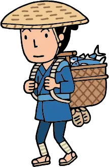 魚の入った背負いかごを背負った男性