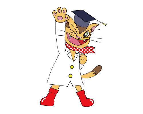 食生活の安全を守る、白衣を着た猫のキャラクター　みっけ