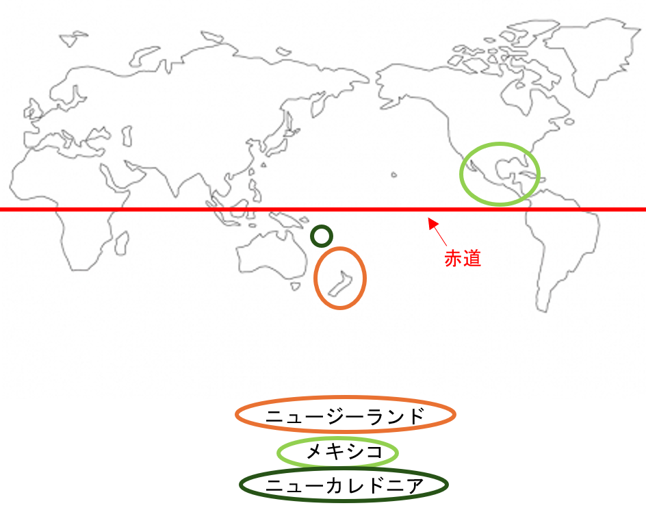 赤道入りのかぼちゃの輸入上位３か国の位置を示した白地図