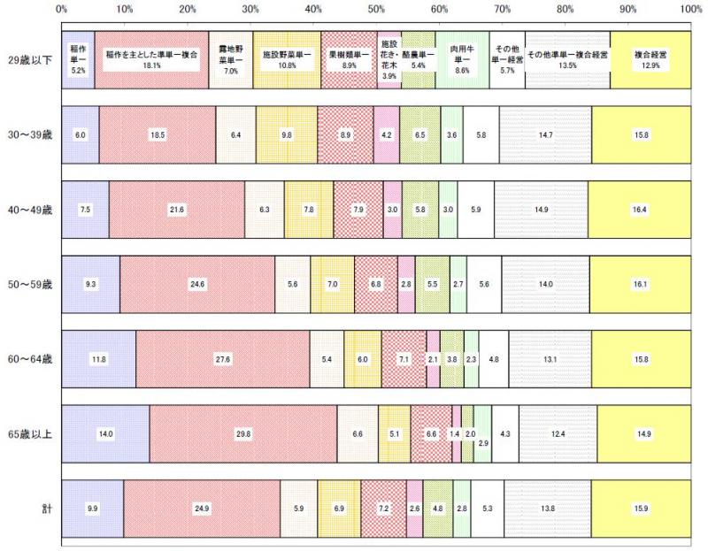 認定農業者（法人、共同申請を除く）の年齢階層別・営農類型別認定状況（棒グラフ）