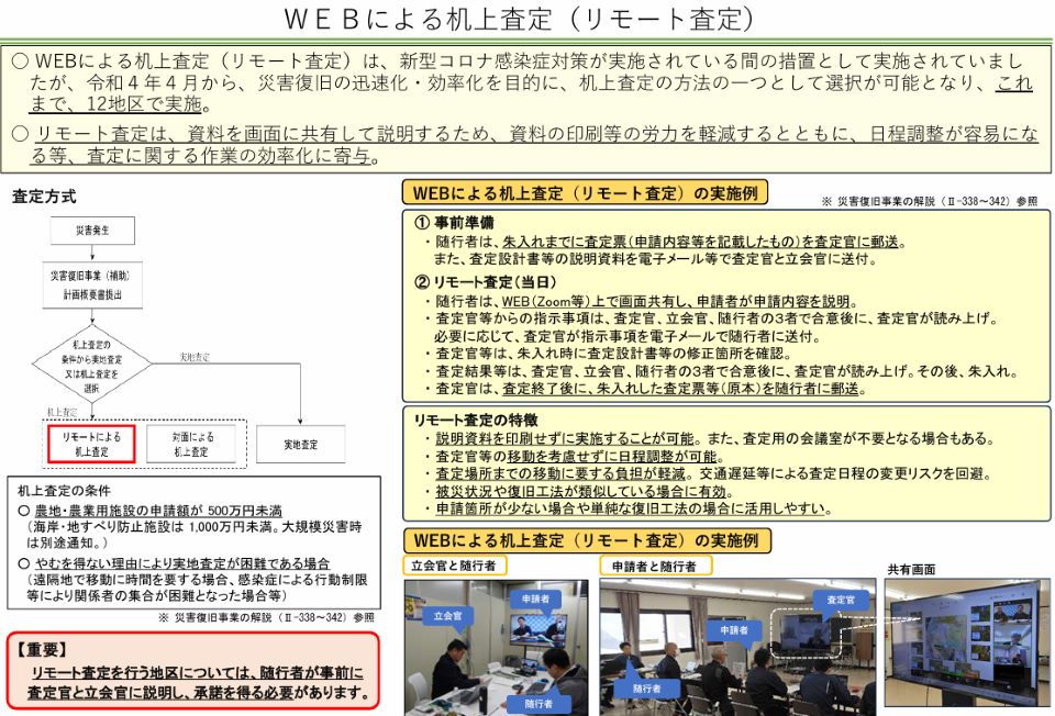 WEB会議を活用した机上査定（リモート査定）の仕組みを説明した資料です。現地に集まらず、資料や画面を共有して査定を行うことで、移動や準備の負担を軽減し、日程調整も容易になります。事前準備から当日の査定、結果の確認までの流れが示され、効率的な手続きが可能であることが分かります。導入には事前説明と合意が必要である点も示されています。