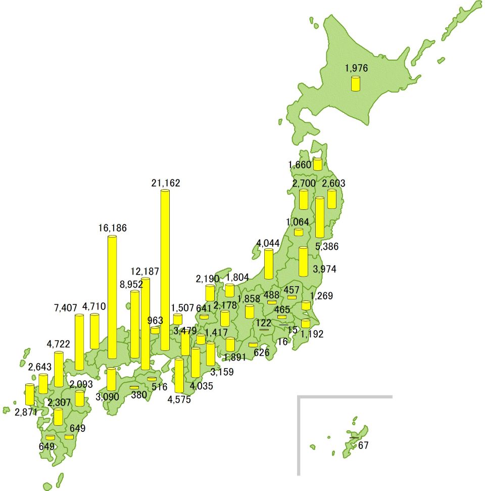 日本地図上に各都道府県のため池数を黄色の円柱グラフで表示した図。ため池数が最も多いのは兵庫県(21,162箇所)で、次いで広島県(16,186箇所)、香川県(12,187箇所)と続き、西日本・瀬戸内地域に多く集中している。東日本では宮城県(5,386箇所)が比較的多い。東京都、神奈川県(15~16箇所)など都市部では極めて少ない。全体として西日本の太平洋側・瀬戸内海沿岸地域にため池が集中していることが視覚的に示されている。
