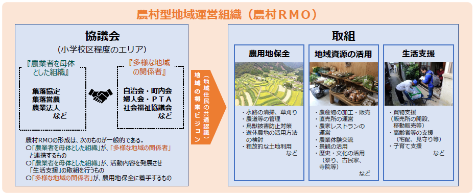 農村RMOのイメージです。農村RMOの形成は次のものが一般的です。農業者を母体とした組織が多様な地域の関係者と連携するもの、農業者を母体とした組織が活動内容を発展させ生活支援の取組を行うもの、多様な地域の関係者が農用地保全に着手するもの。地域の将来ビジョンを作成し、ビジョンに基づき農用地保全、地域資源の活用、生活支援に取り組みます。