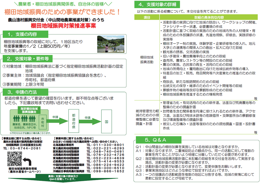 農業者・棚田地域振興関係者、自治体の皆様へ　棚田地域振興のための事業ができました！支援内容は棚田地域振興等の取組に対して、１地区当たり年度事業費の1/2（上限50万円/年）を支援します。事業全般に関するお問い合わせは農林水産省地域振興課までご連絡ください。TEL:03-6744-2081