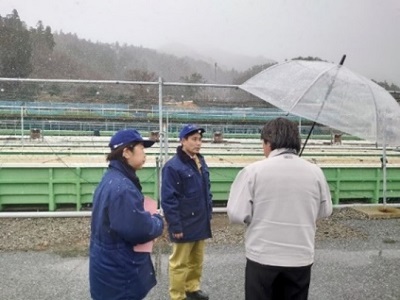 漁港のアワビ陸揚げ養殖施設の被害状況について説明を受ける滝波農林水産副大臣と山本農林水産大臣政務官