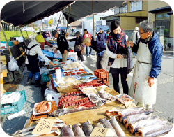 おしゃぎり会館（村上市郷土資料館）前の通りで毎月6回開催される六斎市は、100年近い歴史のある市場。早朝から100軒以上の露店が並び、地元の人たちの声も賑やか。野菜や山菜、手作りの総菜や日用品から鮭のお店も。試食を勧められ、店の人との会話が楽しくてつい長居してしまった
            