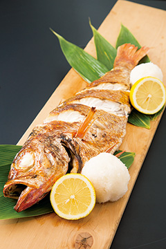 日本海の旬の魚をいちばんおいしい調理法で提供。今、人気沸騰ののどぐろは塩焼きに。レモンとたっぷりの大根おろしでいただく（おまかせコース料理の中の一品）