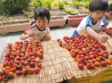 箸を使って土用干し。梅干しも手製。