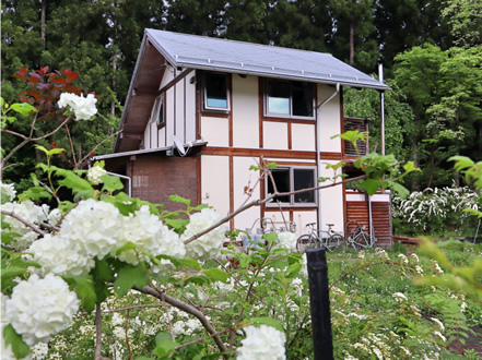 林の中に開かれた敷地に無垢の材木で建てた自宅。