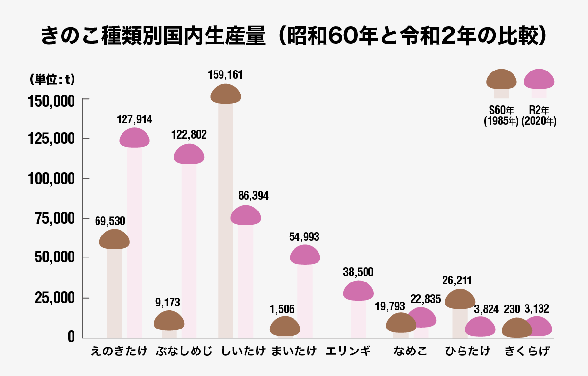 グラフ：きのこの種類別国内生産量（昭和60年と令和2年の比較）