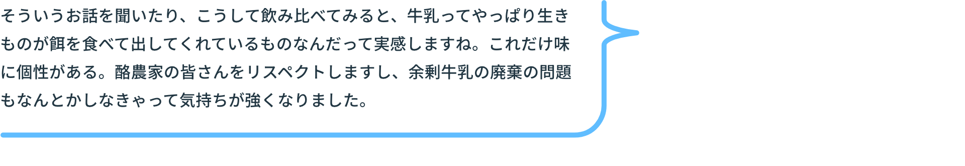そういうお話を聞いたり、こうして飲み比べてみると、牛乳ってやっぱり生きものが餌を食べて出してくれているものなんだって実感しますね。これだけ味に個性がある。酪農家の皆さんをリスペクトしますし、余剰牛乳の廃棄の問題もなんとかしなきゃって気持ちが強くなりました。