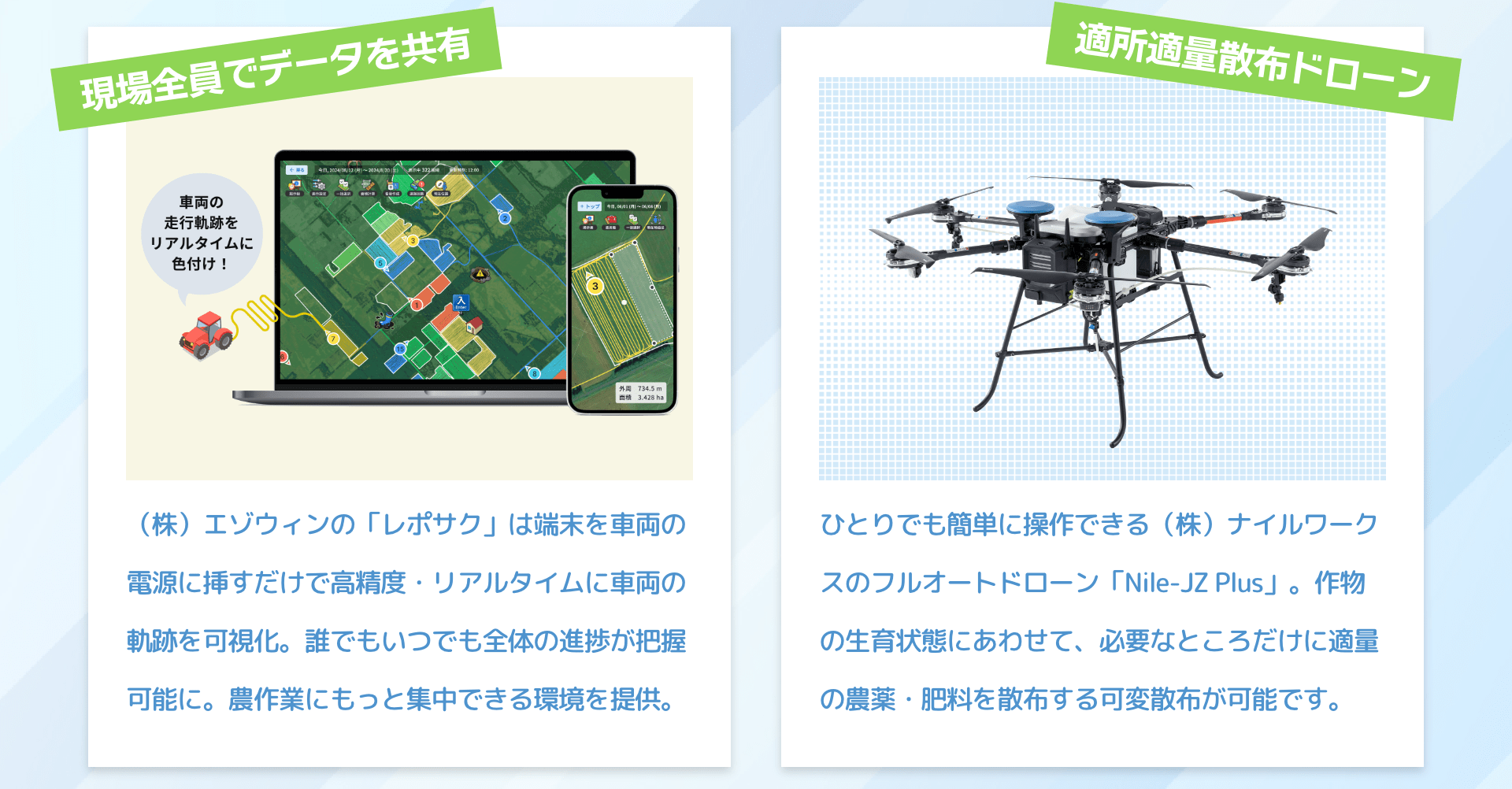 現場全員でデータを共有　車両の走行軌跡をリアルタイムに色付け！　（株）エゾウィンの「レポサク」は端末を車両の電源に挿すだけで高精度・リアルタイムに車両の軌跡を可視化。誰でもいつでも全体の進捗が把握可能に。農作業にもっと集中できる環境を提供。｜適所適量散布ドローン　ひとりでも簡単に操作できる（株）ナイルワークスのフルオートドローン「Nile-JZ Plus」。作物の生育状態にあわせて、必要なところだけに適量の農薬・肥料を散布する可変散布が可能です。