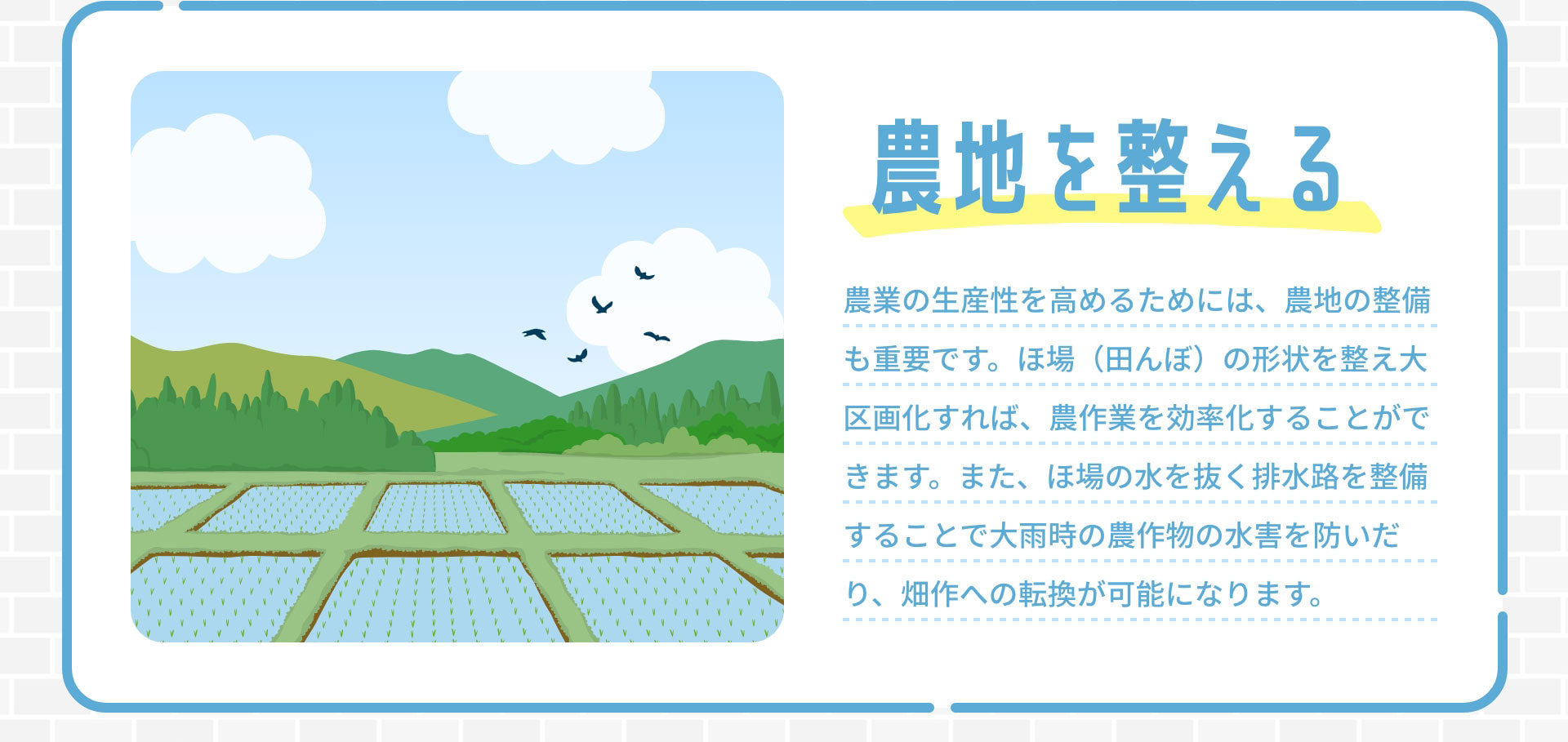 農地を整える　農業の生産性を高めるためには、農地の整備も重要です。ほ場（田んぼ）の形状を整え大区画化すれば、農作業を効率化することができます。また、ほ場の水を抜く排水路を整備することで大雨時の農作物の水害を防いだり、畑作への転換が可能になります。