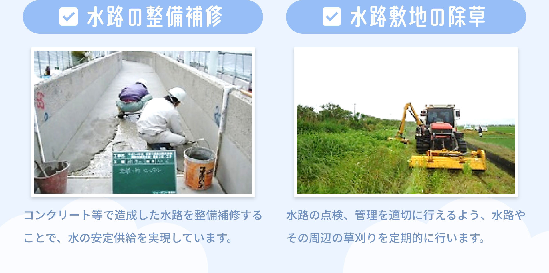 水路の整備補修　コンクリート等で造成した水路を整備補修することで、水の安定供給を実現しています。｜水路敷地の除草　水路の点検、管理を適切に行えるよう、水路やその周辺の草刈りを定期的に行います。