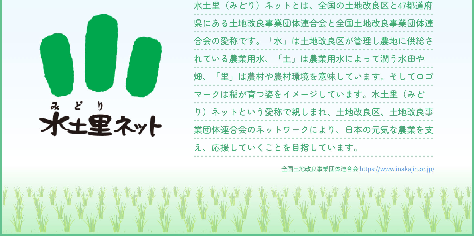 水土里（みどり）ネットとは、全国の土地改良区と47都道府県にある土地改良事業団体連合会と全国土地改良事業団体連合会の愛称です。「水」は土地改良区が管理し農地に供給されている農業用水、「土」は農業用水によって潤う水田や畑、「里」は農村や農村環境を意味しています。そしてロゴマークは稲が育つ姿をイメージしています。水土里（みどり）ネットという愛称で親しまれ、土地改良区、土地改良事業団体連合会のネットワークにより、日本の元気な農業を支え、応援していくことを目指しています。全国土地改良事業団体連合会 https://www.inakajin.or.jp/