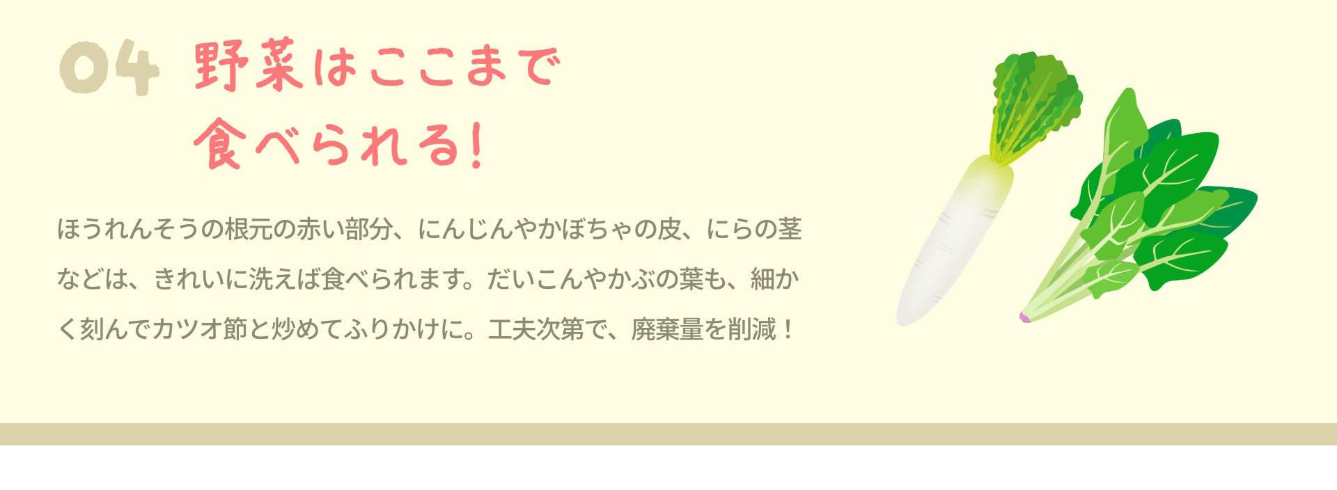 4 野菜はここまで食べられる！ ほうれんそうの根元の赤い部分、にんじんやかぼちゃの皮、にらの茎などは、きれいに洗えば食べられます。だいこんやかぶの葉も、細かく刻んでカツオ節と炒めてふりかけに。工夫次第で、廃棄量を削減！