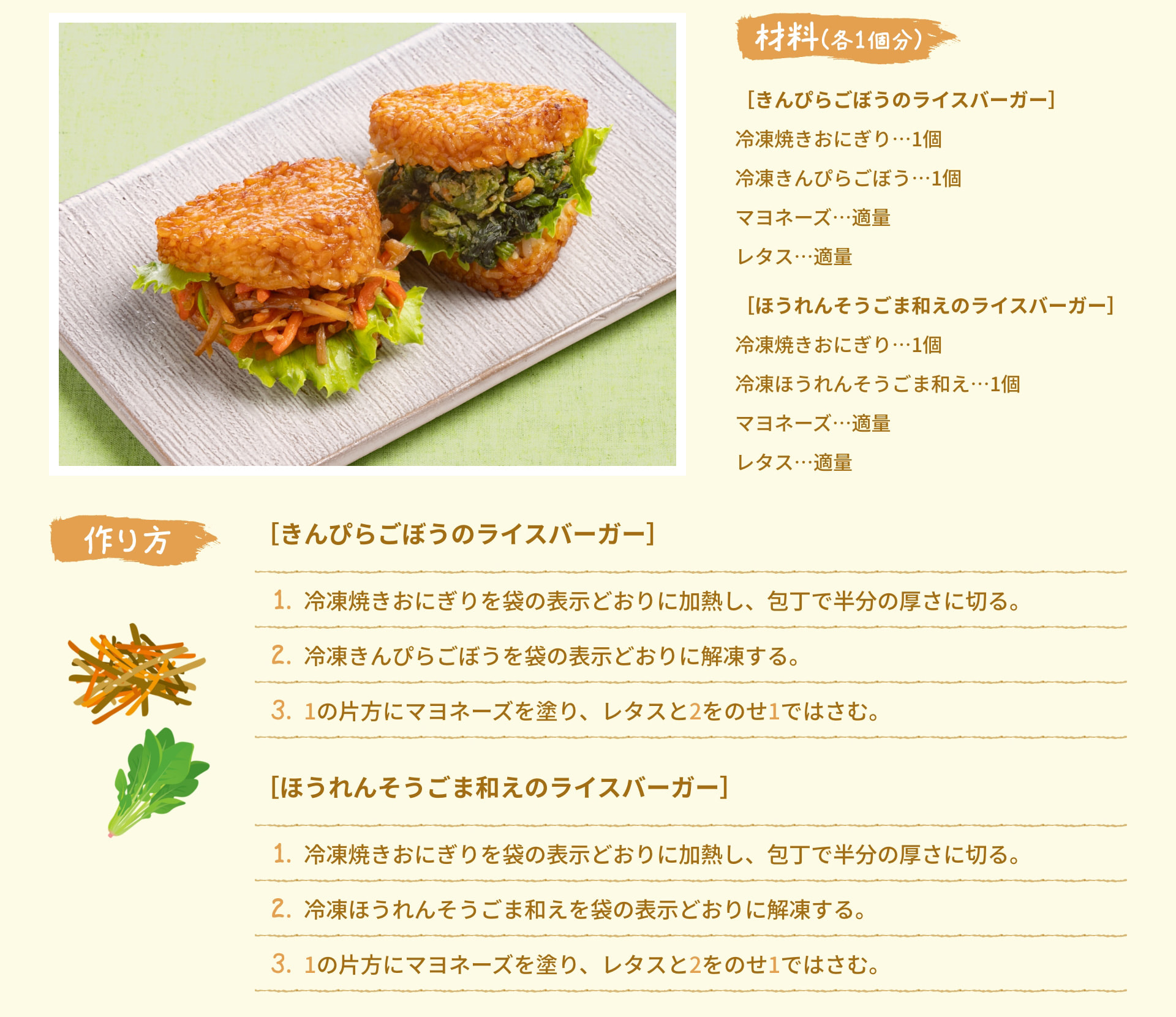 材料(各1個分) [きんぴらごぼうのライスバーガー] 冷凍焼きおにぎり 1個 冷凍きんぴらごぼう 1個 マヨネーズ 適量 レタス 適量 [ほうれんそうごま和えのライスバーガー] 冷凍焼きおにぎり 1個 冷凍ほうれんそうごま和え 1個 マヨネーズ 適量 レタス 適量 作り方 [きんぴらごぼうのライスバーガー] 1. 冷凍焼きおにぎりを袋の表示どおりに加熱し、包丁で半分の厚さに切る。 2. 冷凍きんぴらごぼうを袋の表示どおりに解凍する。 3. 1の片方にマヨネーズを塗り、レタスと2をのせ1ではさむ。 [ほうれんそうごま和えのライスバーガー] 1. 冷凍焼きおにぎりを袋の表示どおりに加熱し、包丁で半分の厚さに切る。 2. 冷凍ほうれんそうごま和えを袋の表示どおりに解凍する。 3. 1の片方にマヨネーズを塗り、レタスと2をのせ1ではさむ。