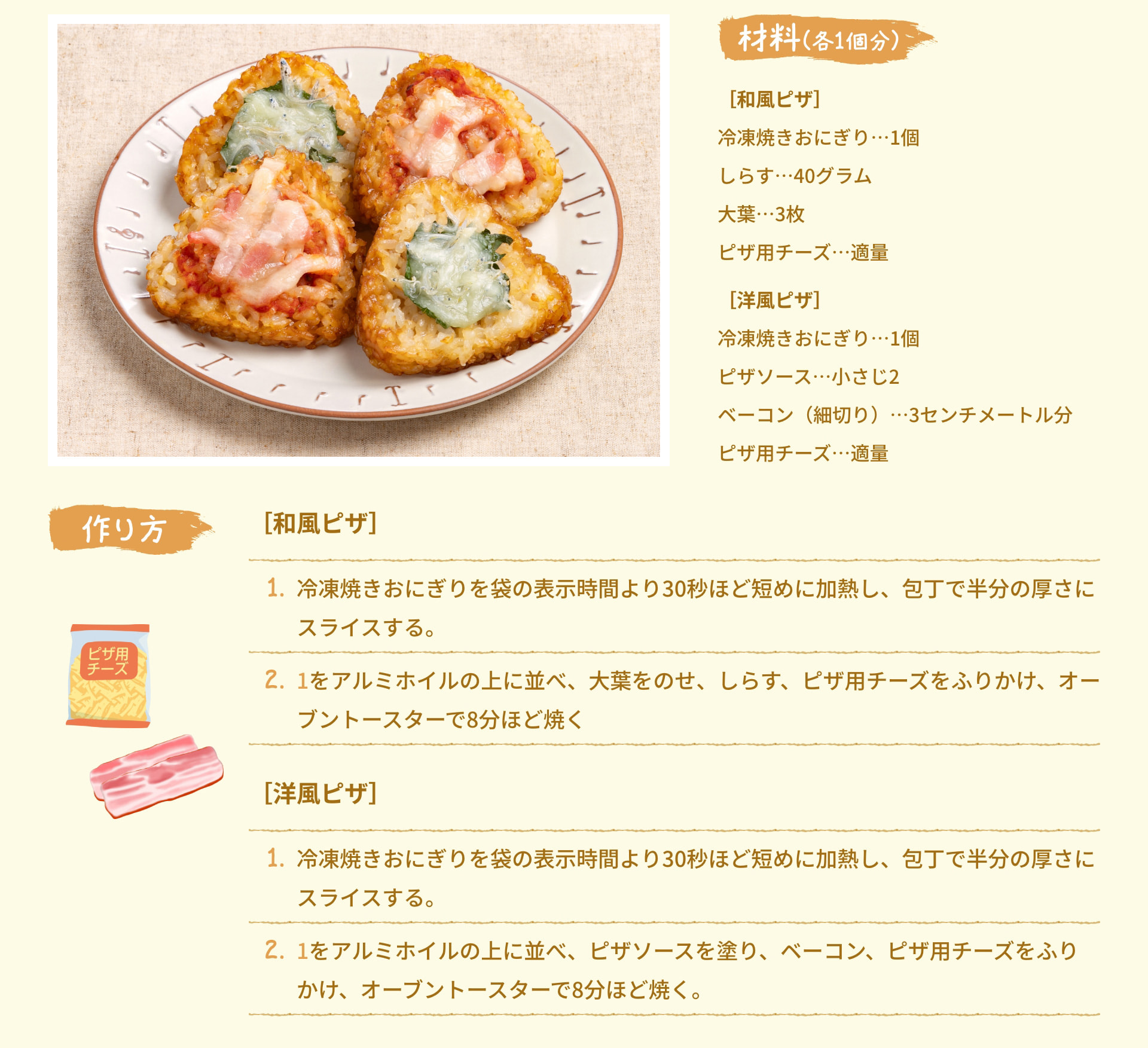 材料(各1個分) [和風ピザ] 冷凍焼きおにぎり 1個 しらす 40グラム 大葉 3枚 ピザ用チーズ 適量 [洋風ピザ] 冷凍焼きおにぎり 1個 ピザソース 小さじ2 ベーコン (細切り)  3センチメートル分 ピザ用チーズ 適量 作り方 [和風ピザ] 1. 冷凍焼きおにぎりを袋の表示時間より30秒ほど短めに加熱し、包丁で半分の厚さにスライスする。 2. 1をアルミホイルの上に並べ、大葉をのせ、しらす、ピザ用チーズをふりかけ、オーブントースターで8分ほど焼く [洋風ピザ] 1. 冷凍焼きおにぎりを袋の表示時間より30秒ほど短めに加熱し、包丁で半分の厚さにスライスする。 2. 1をアルミホイルの上に並べ、ピザソースを塗り、ベーコン、ピザ用チーズをふりかけ、オーブントースターで8分ほど焼く。