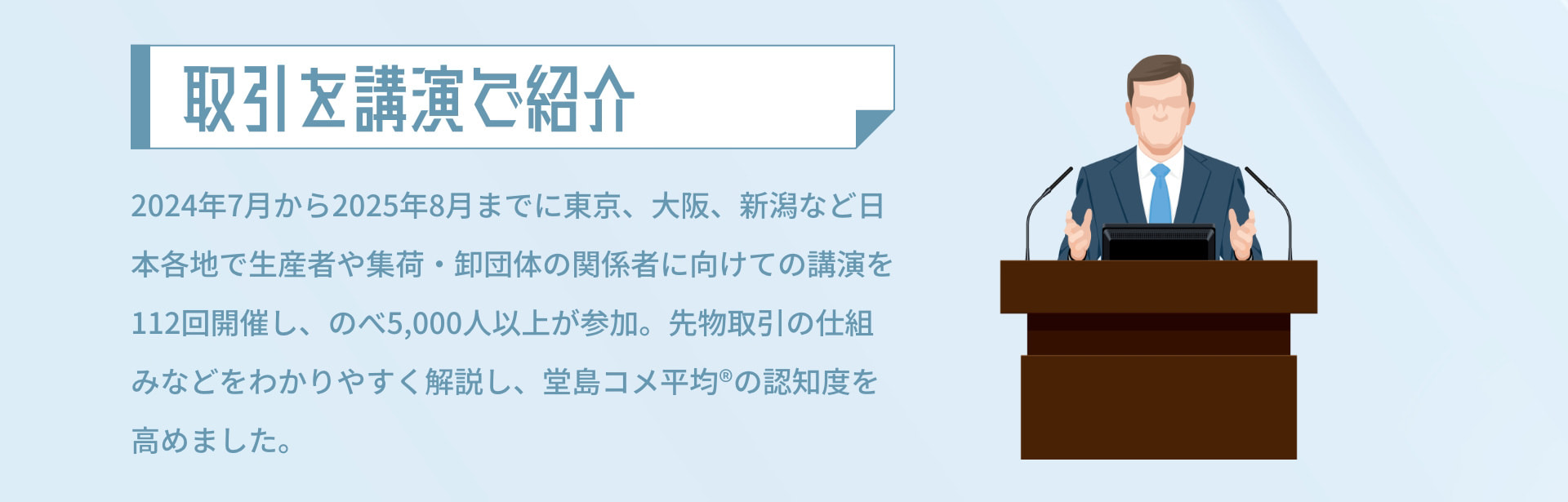 取引を講演で紹介 2024年7月から2025年8月までに東京、大阪、新潟など日本各地で生産者や集荷・卸団体の関係者に向けての講演を112回開催し、のべ5,000人以上が参加。先物取引の仕組みなどをわかりやすく解説し、堂島コメ平均®の認知度を高めました。
