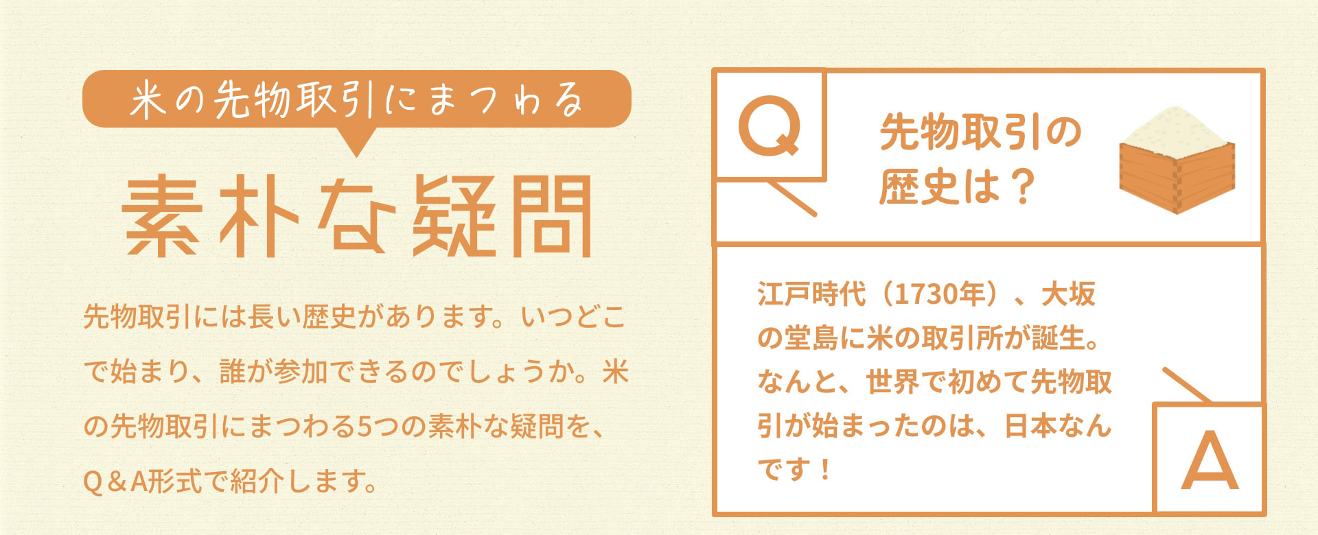 米の先物取引にまつわる素朴な疑問 先物取引には長い歴史があります。いつどこで始まり、誰が参加できるのでしょうか。米の先物取引にまつわる5つの素朴な疑問を、Q＆A形式で紹介します。 Q 先物取引の歴史は？ A 江戸時代（1730年）、大坂の堂島に米の取引所が誕生。なんと、世界で初めて先物取引が始まったのは、日本なんです！